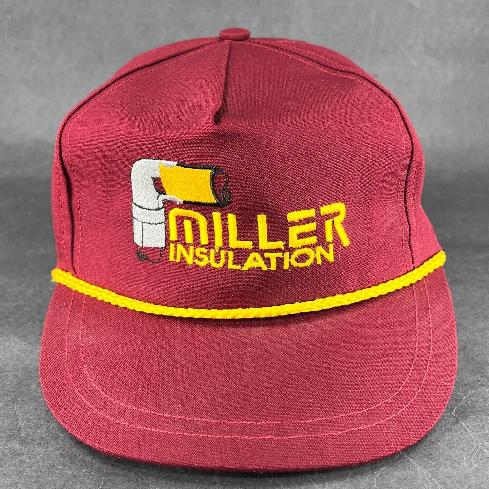 Vtg Miller Insulation Snapback Hat Heartland Maroon Rope Advertising USA Mens
